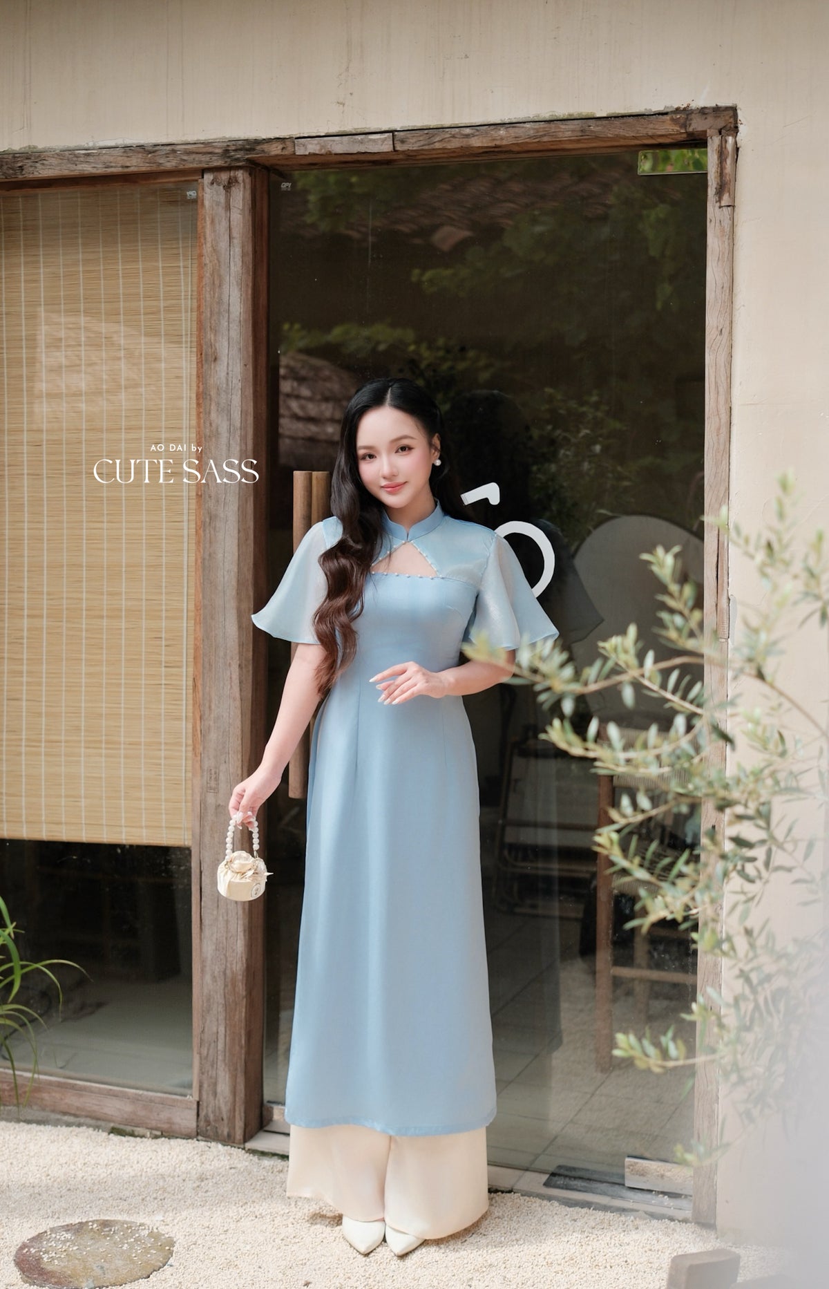 Blue Pearl Neckline Sheer Wing Sleeves Ao Dai Top Only (NO PANTS)