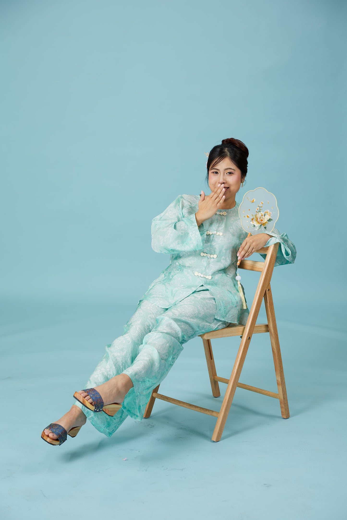 Vân - Teal Bow Knot Round Collar Bà Ba Top Only, No Pants