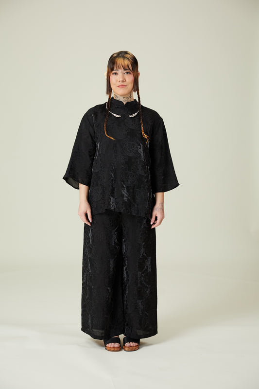 Vân - Gender Fluid Black High Collar Mid Sleeves Top, No Pants