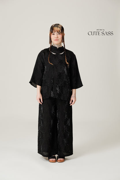 Vân - Gender Fluid Black High Collar Mid Sleeves Top, No Pants 57C