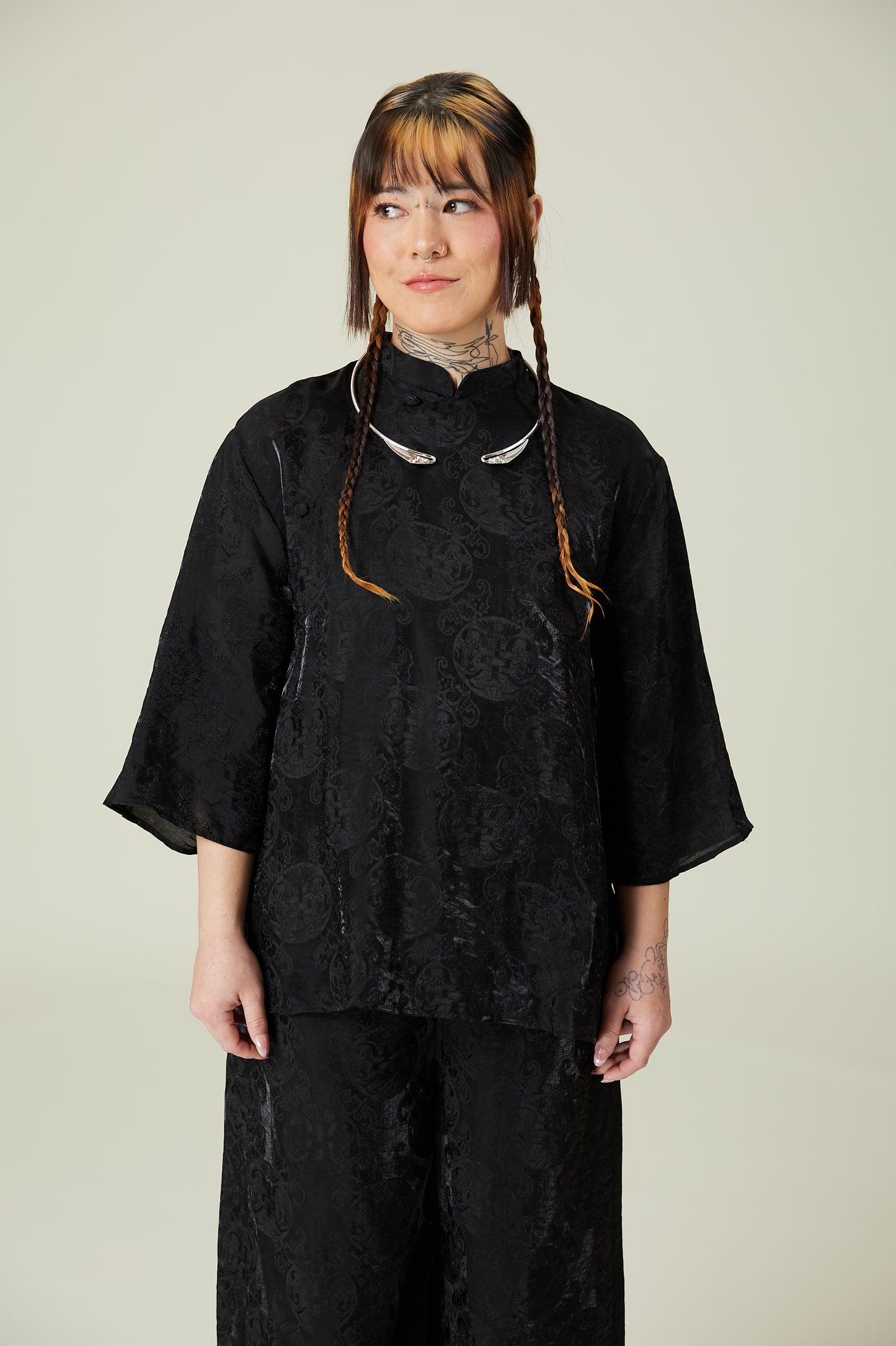 Vân - Gender Fluid Black High Collar Mid Sleeves Top, No Pants