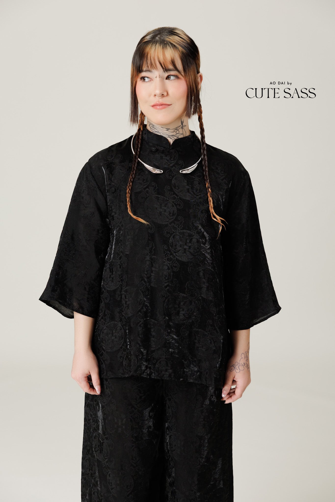 Vân - Gender Fluid Black High Collar Mid Sleeves Top, No Pants