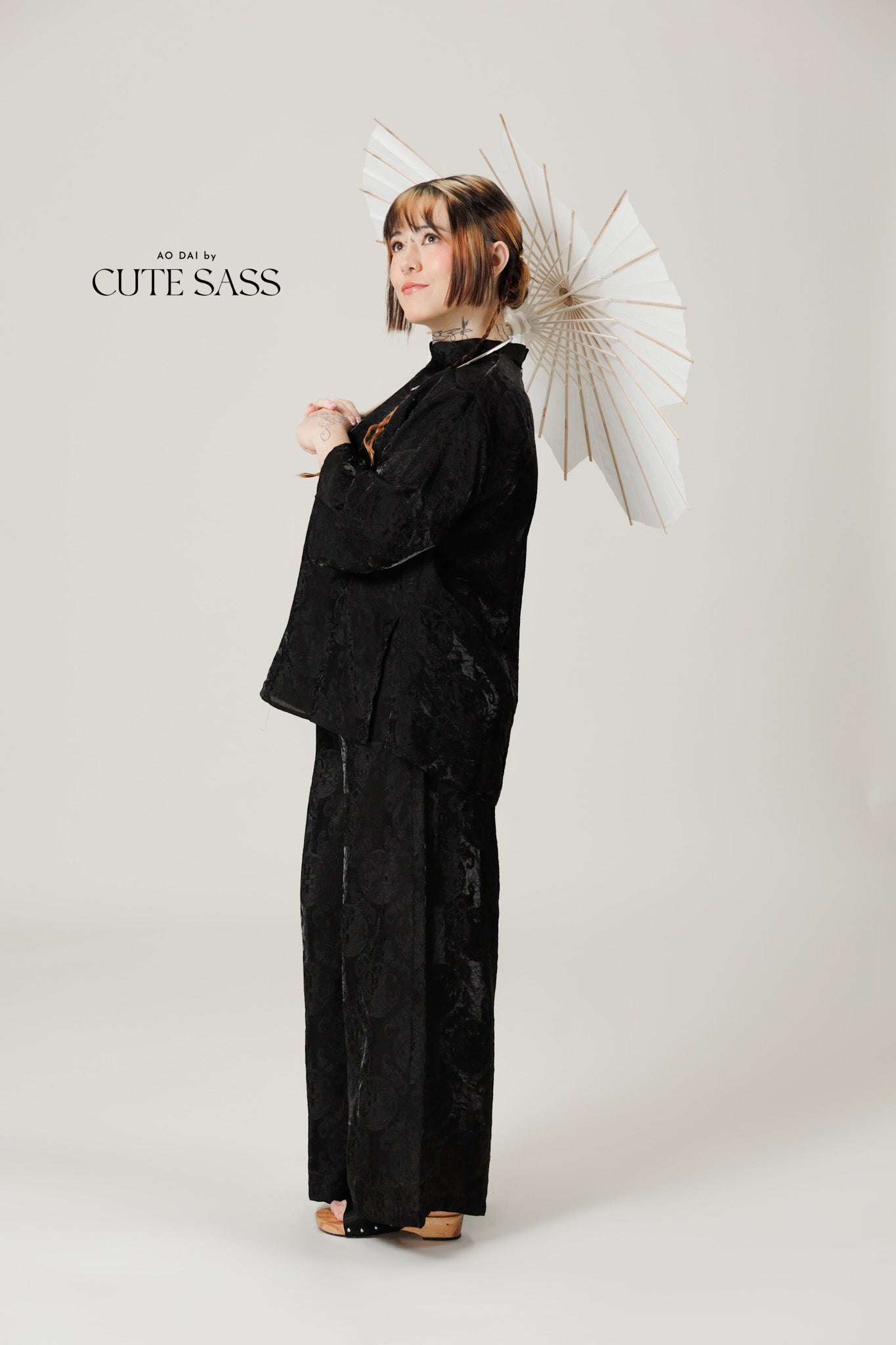 Vân - Gender Fluid Black High Collar Mid Sleeves Top, No Pants