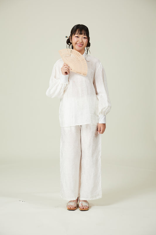 Vân - Gender Fluid White High Collar Barrel Sleeves Button Top, No Pants
