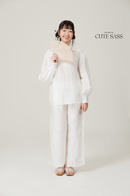 Vân - Gender Fluid White High Collar Barrel Sleeves Button Top, No Pants 60C