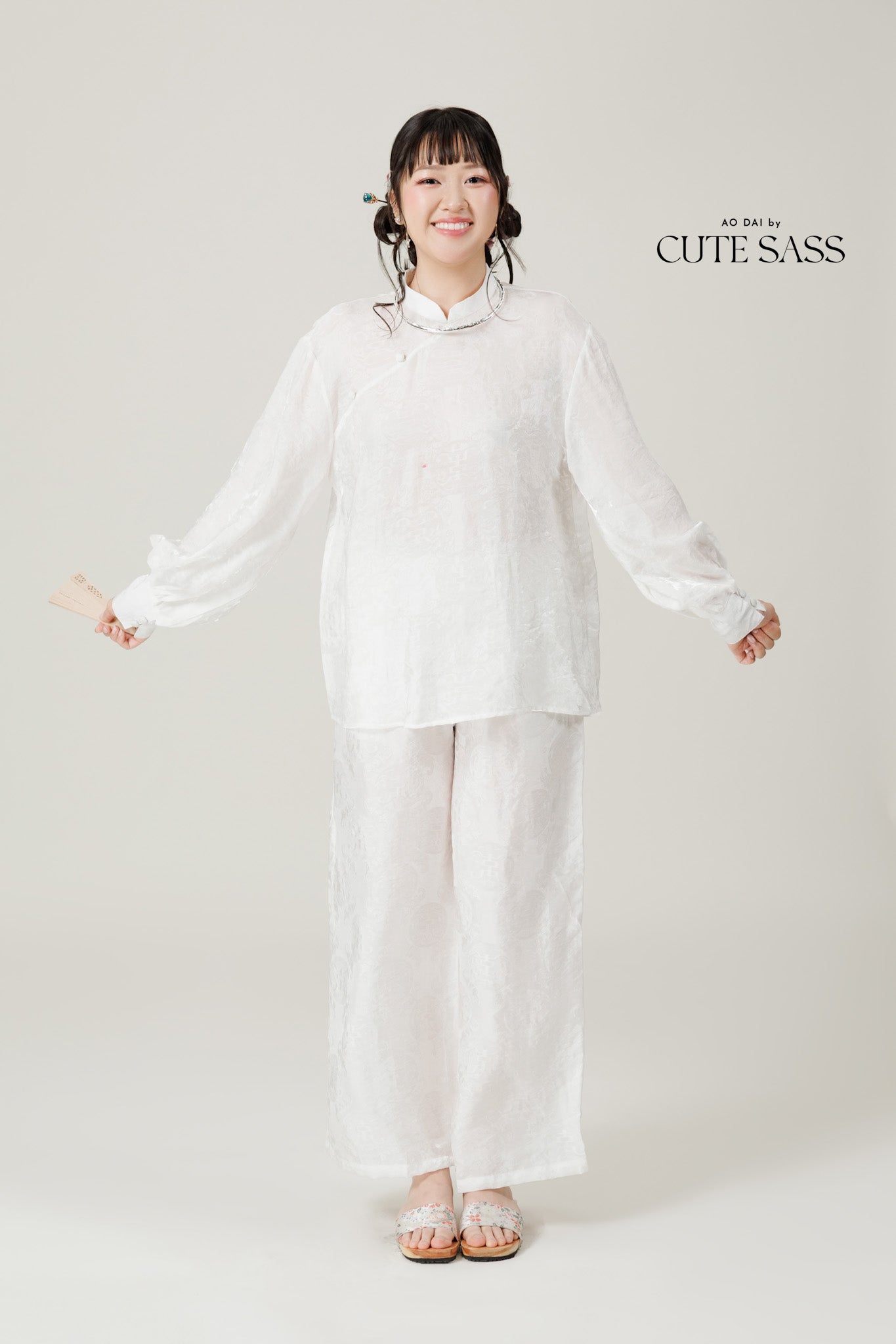 Vân - Gender Fluid White High Collar Barrel Sleeves Button Top, No Pants