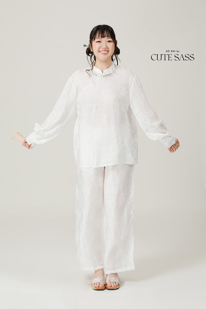 Vân - Gender Fluid White High Collar Barrel Sleeves Button Top, No Pants 60C