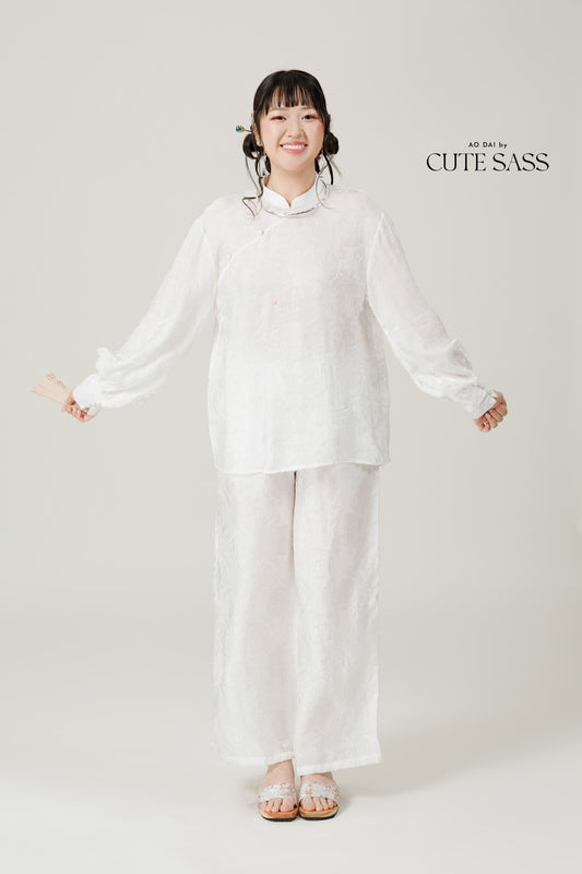 Vân - Gender Fluid White High Collar Barrel Sleeves Button Top, No Pants