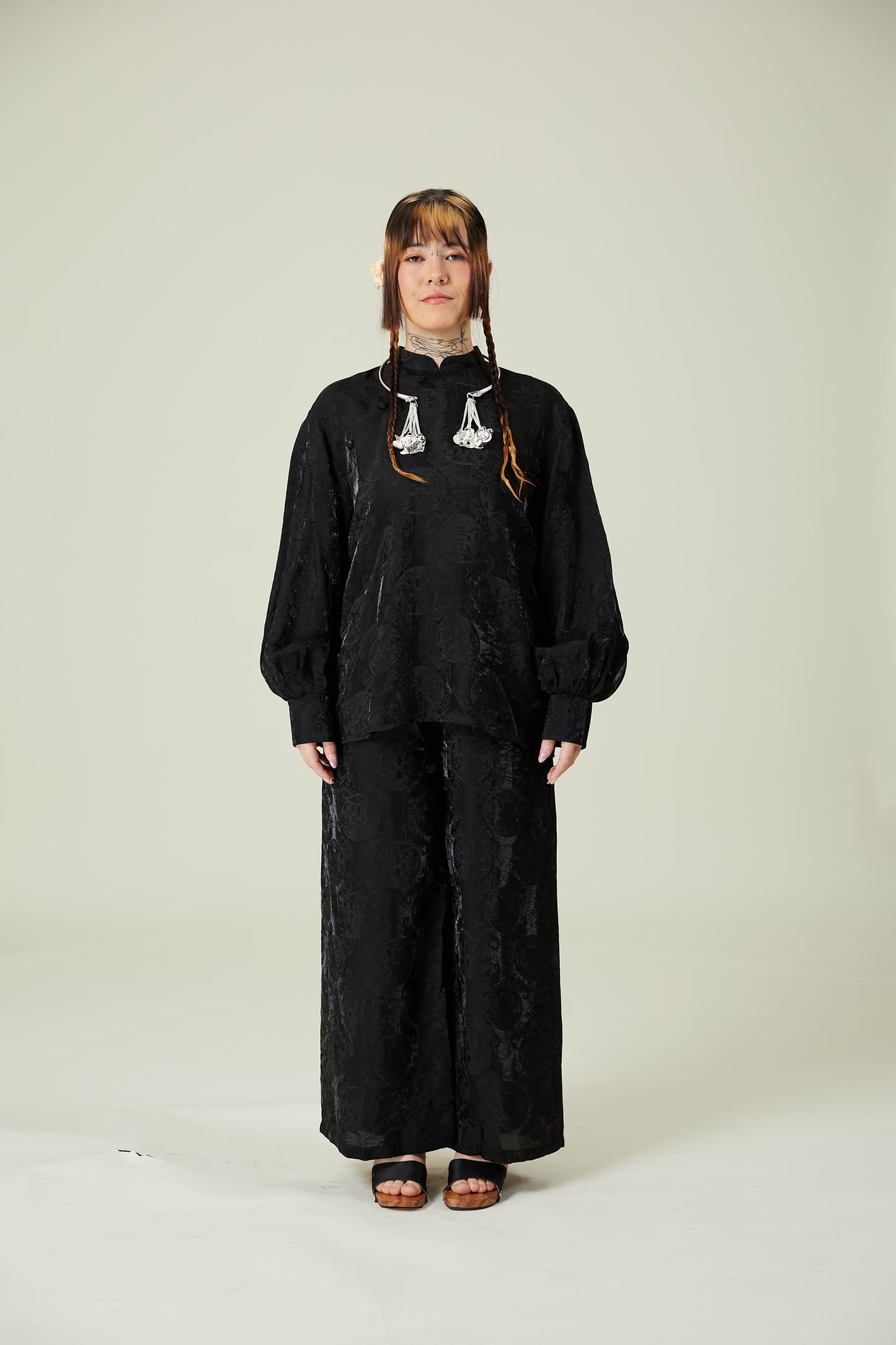 Vân - Gender Fluid Black High Collar Button Barrel Sleeves Top, No Pants