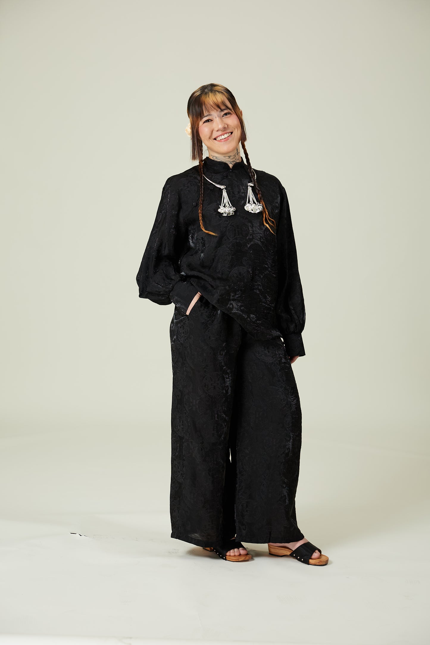 Vân - Gender Fluid Black High Collar Button Barrel Sleeves Top, No Pants