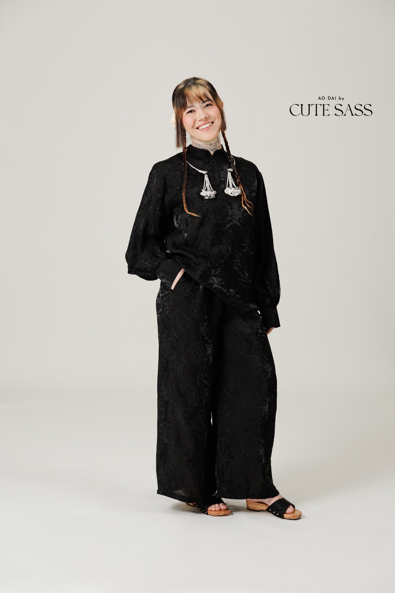 Vân - Gender Fluid Black High Collar Button Barrel Sleeves Top, No Pants