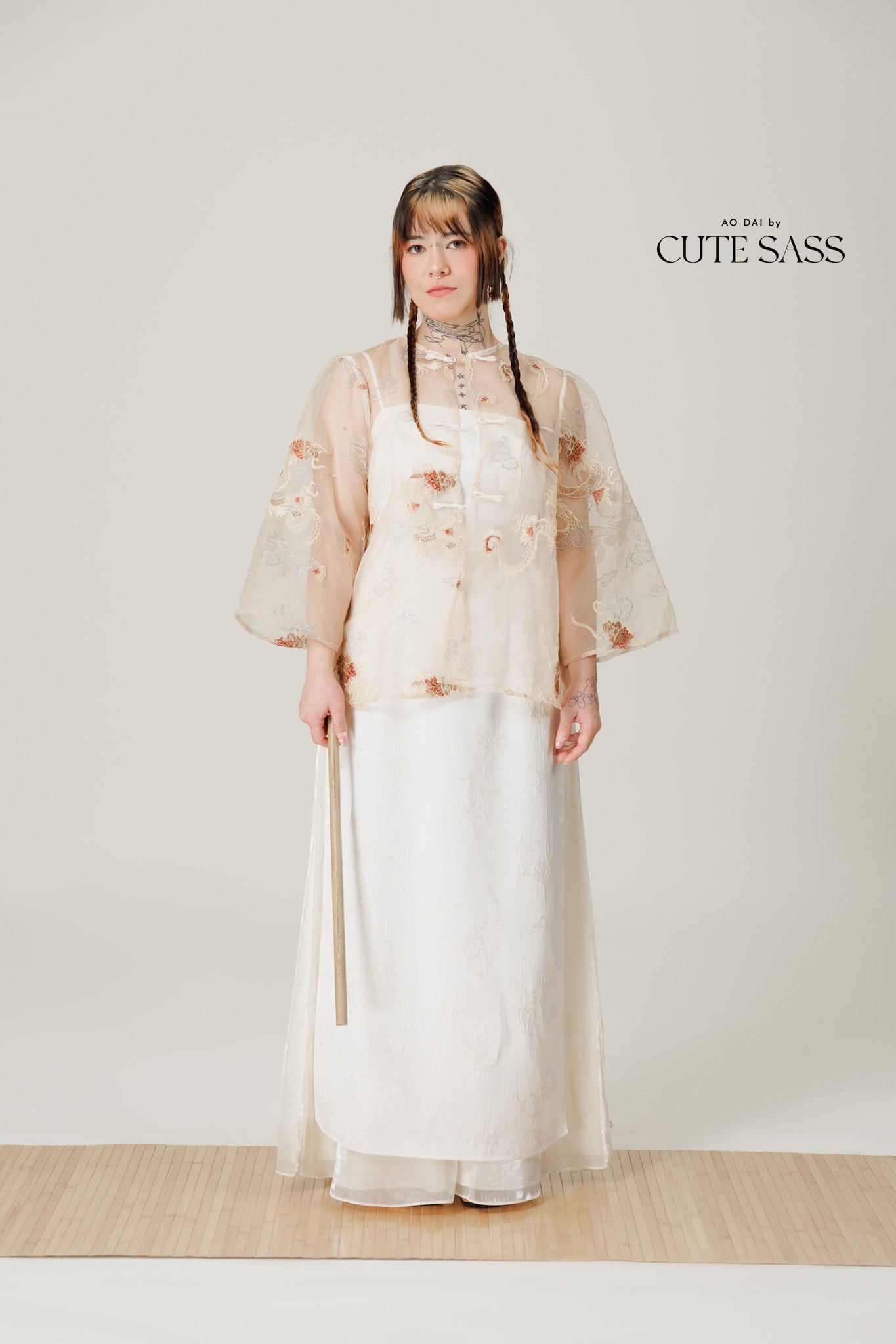 Vân - Gold and Maroon Dragon Embroidery Sheer Coat Top Only, No Pants