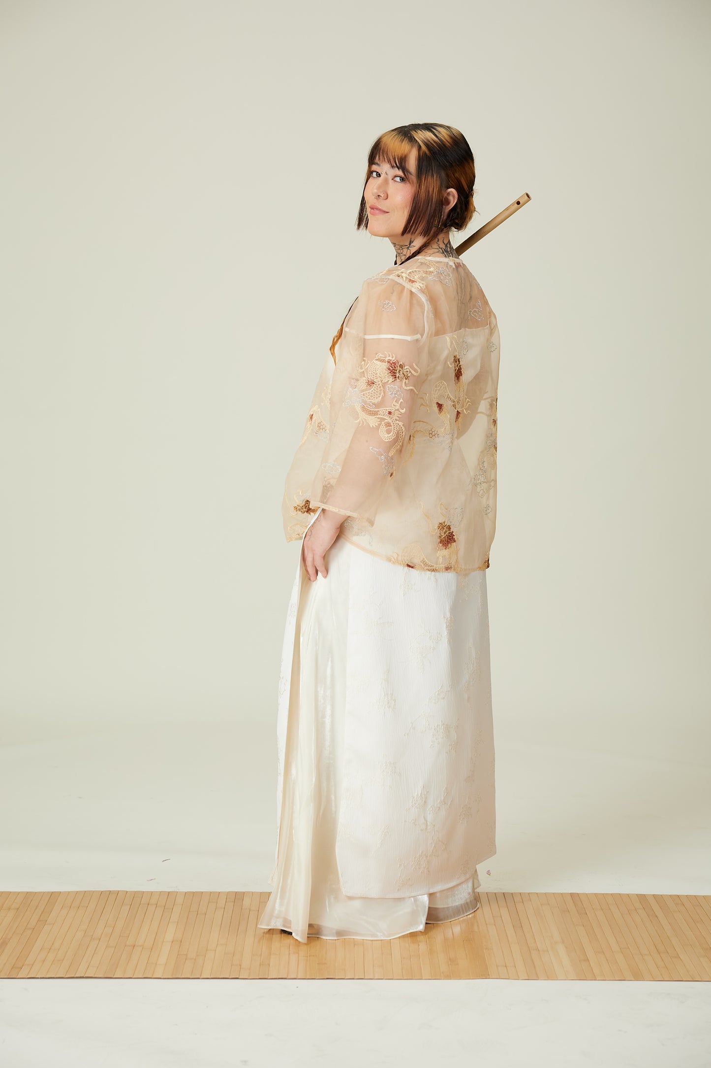 Vân - Gold and Maroon Dragon Embroidery Sheer Coat Top Only, No Pants