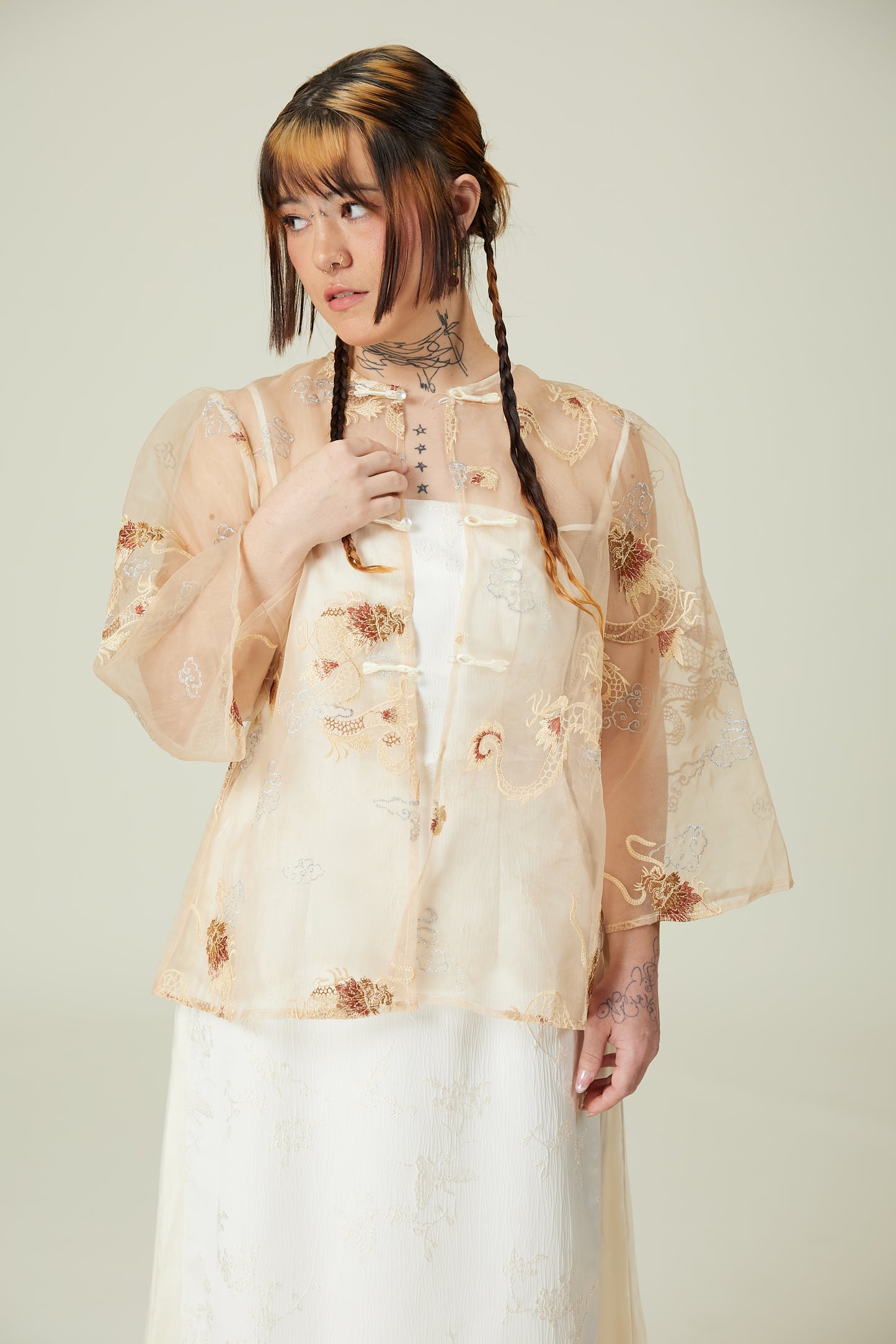 Vân - Gold and Maroon Dragon Embroidery Sheer Coat Top Only, No Pants