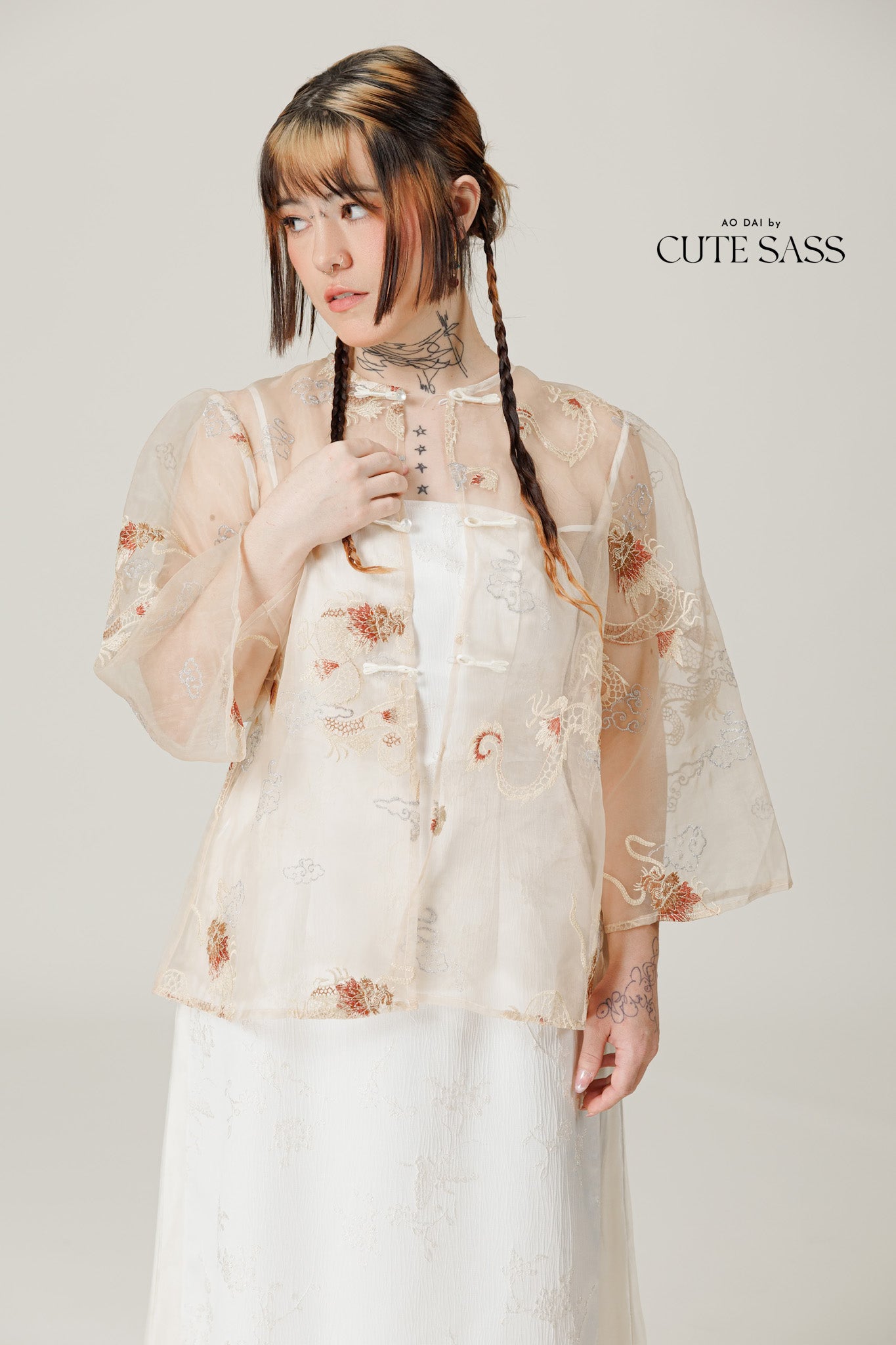 Vân - Gold and Maroon Dragon Embroidery Sheer Coat Top Only, No Pants