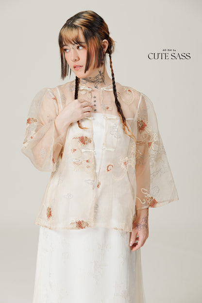 Vân - Gold and Maroon Dragon Embroidery Sheer Coat Top Only, No Pants 60B