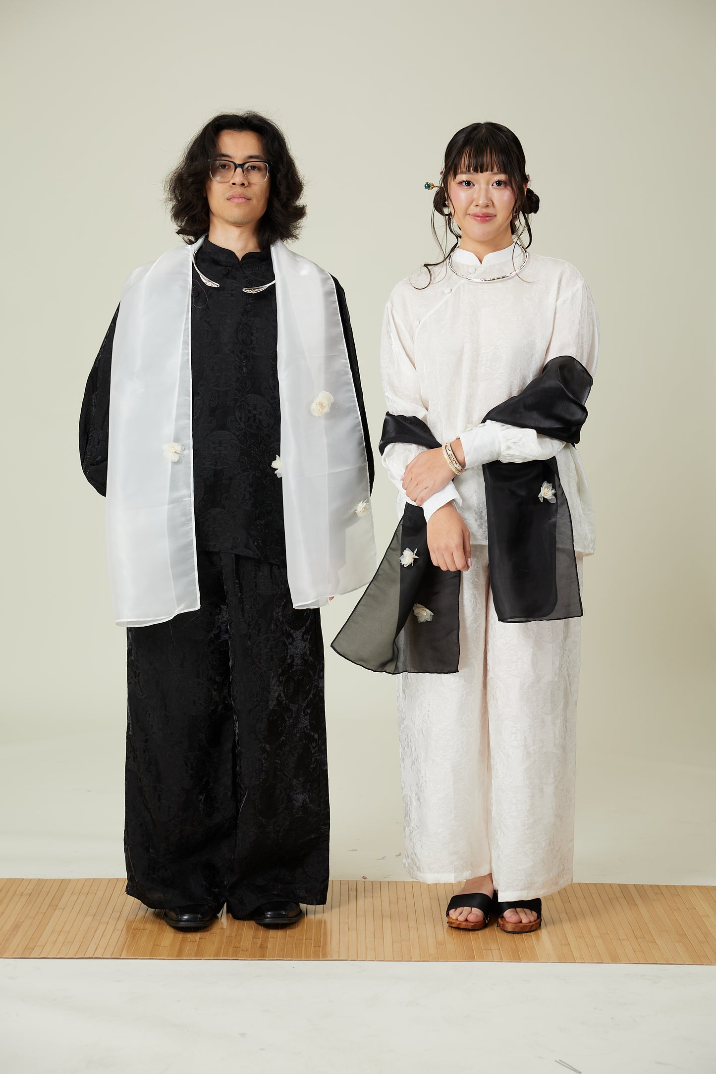 Vân - Gender Fluid White High Collar Barrel Sleeves Button Top, No Pants