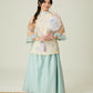 Vân - Whim Cyan and Cream Lily Embroidery Sheer Sleeve Top Only, No Pants