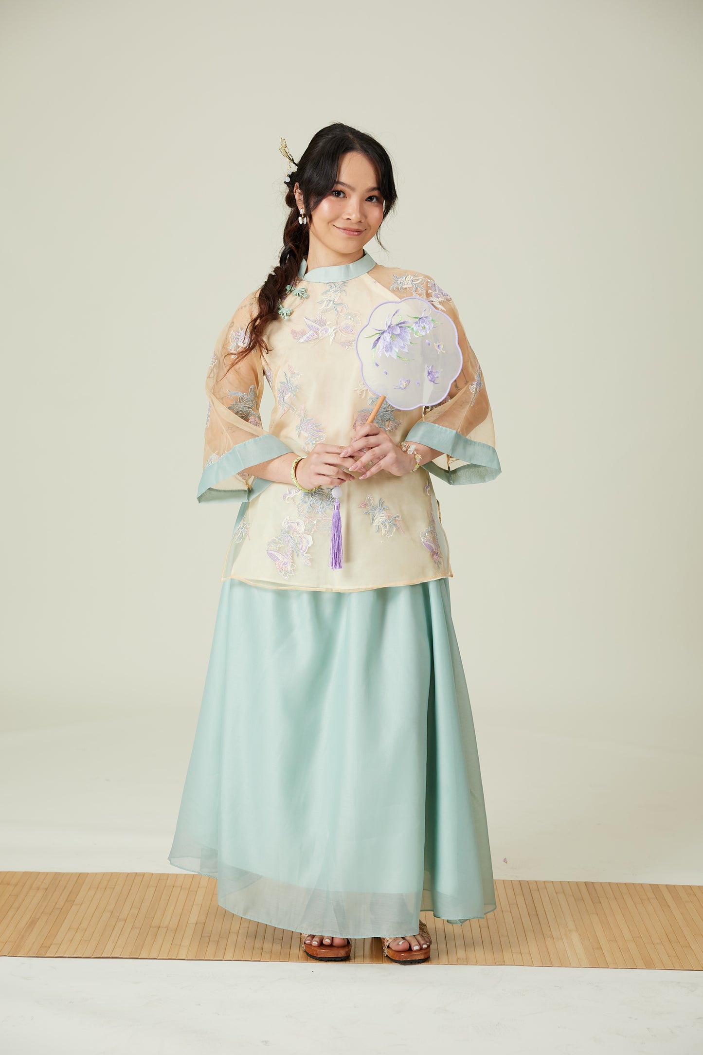 Vân - Whim Cyan and Cream Lily Embroidery Sheer Sleeve Top Only, No Pants