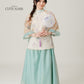 Vân - Whim Cyan and Cream Lily Embroidery Sheer Sleeve Top Only, No Pants