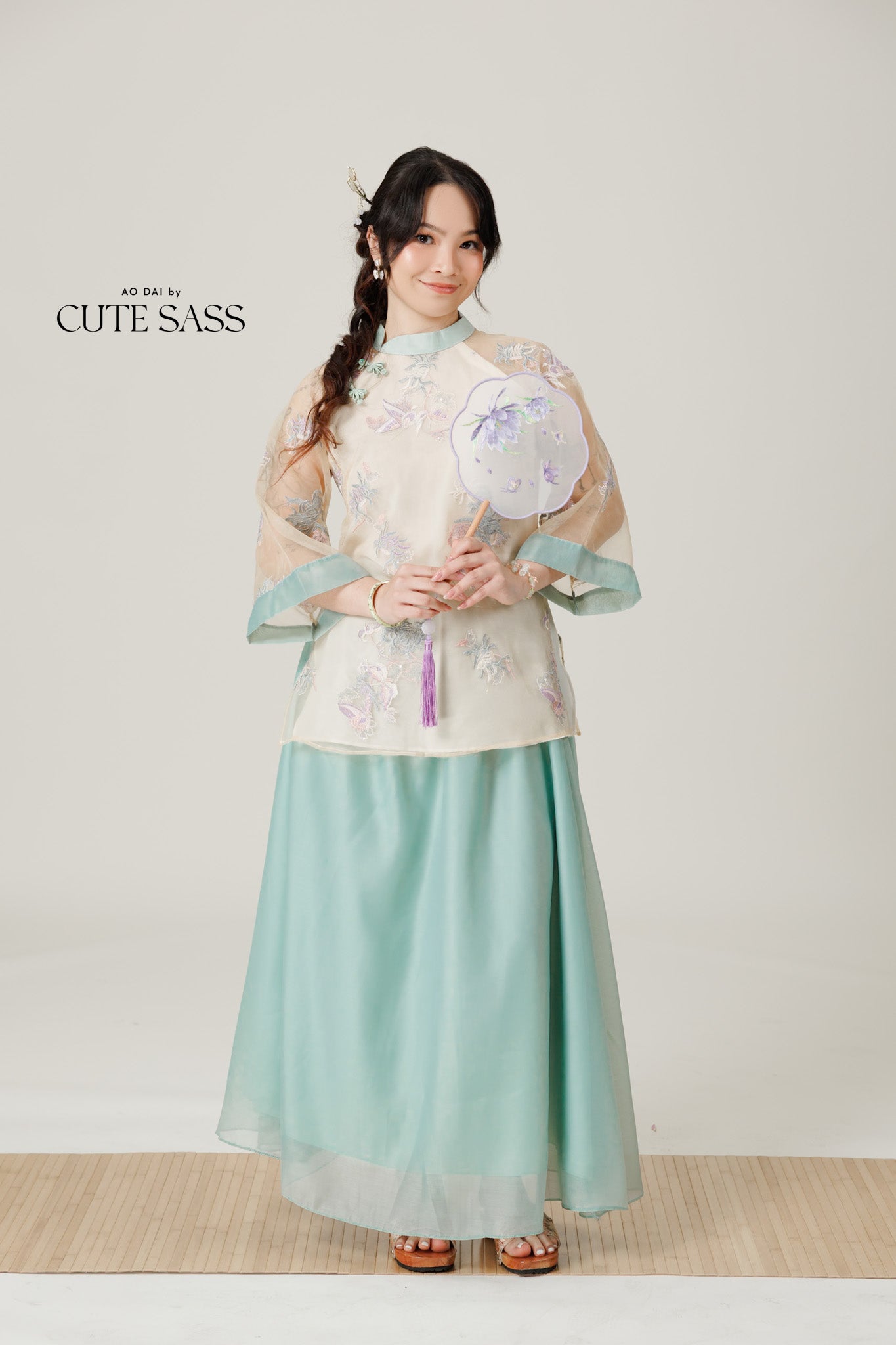 Vân - Whim Cyan and Cream Lily Embroidery Sheer Sleeve Top Only, No Pants