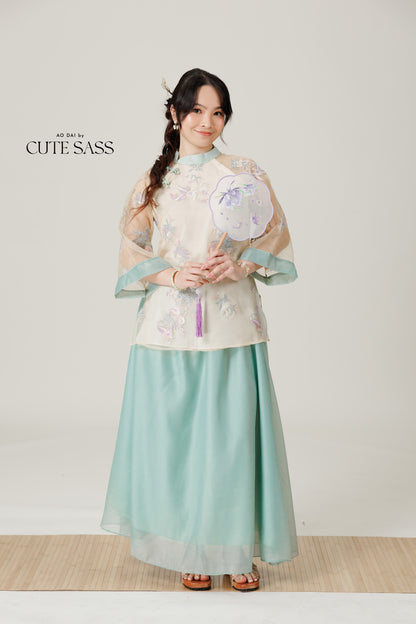 Vân - Whim Cyan and Cream Lily Embroidery Sheer Sleeve Top Only, No Pants