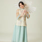 Vân - Whim Cyan and Cream Lily Embroidery Sheer Sleeve Top Only, No Pants
