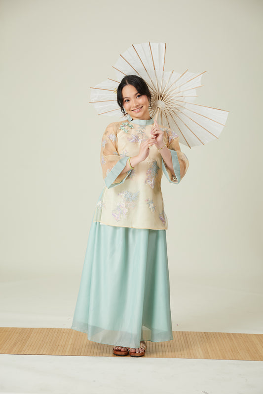 Vân - Whim Cyan and Cream Lily Embroidery Sheer Sleeve Top Only, No Pants