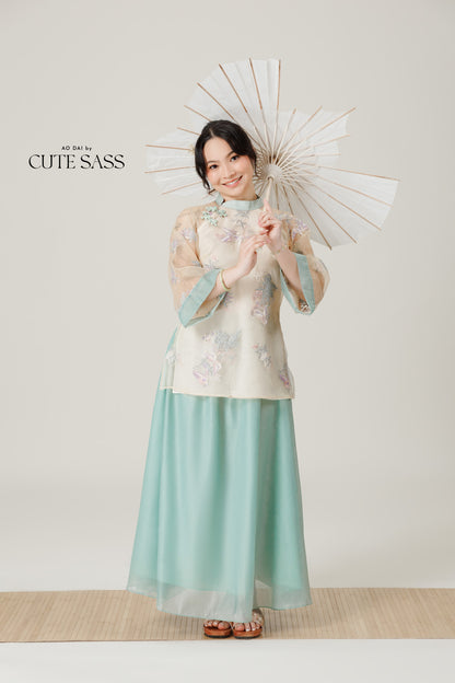 Vân - Whim Cyan and Cream Lily Embroidery Sheer Sleeve Top Only, No Pants