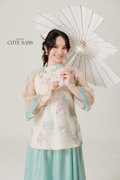 Vân - Whim Cyan and Cream Lily Embroidery Sheer Sleeve Top Only, No Pants