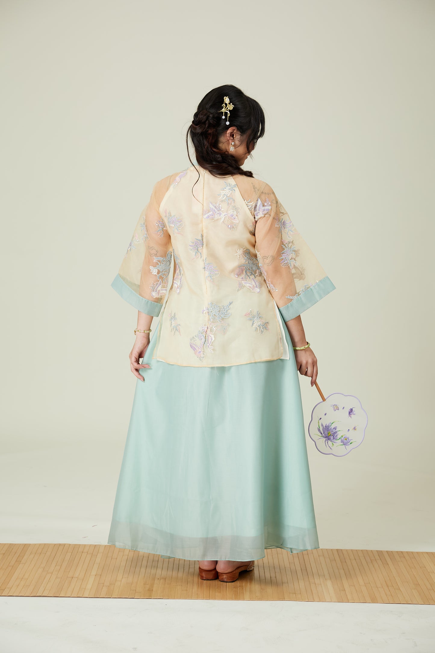 Vân - Whim Cyan and Cream Lily Embroidery Sheer Sleeve Top Only, No Pants