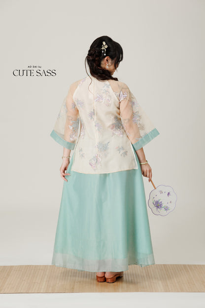 Vân - Whim Cyan and Cream Lily Embroidery Sheer Sleeve Top Only, No Pants