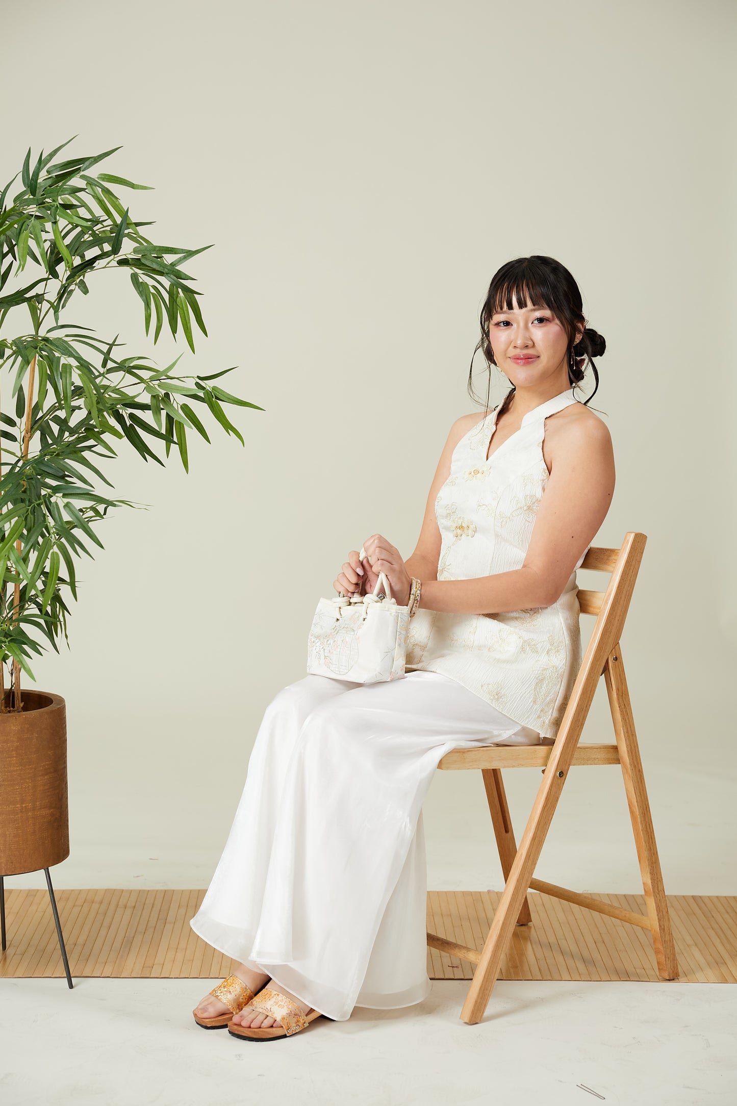Vân - Lumen Cream and Gold Butterfly Embroidery Yem Inspired Top Only, No Pants