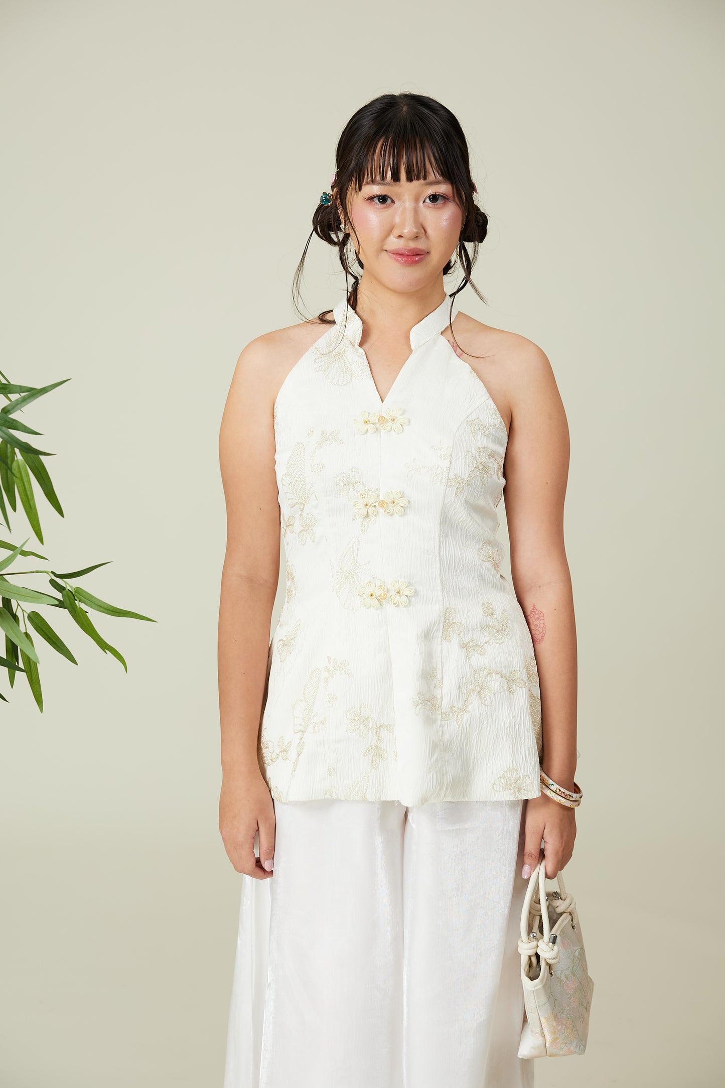 Vân - Lumen Cream and Gold Butterfly Embroidery Yem Inspired Top Only, No Pants