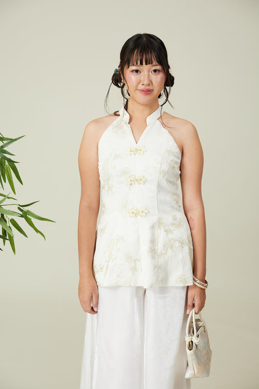 Vân - Lumen Cream and Gold Butterfly Embroidery Yem Inspired Top Only, No Pants