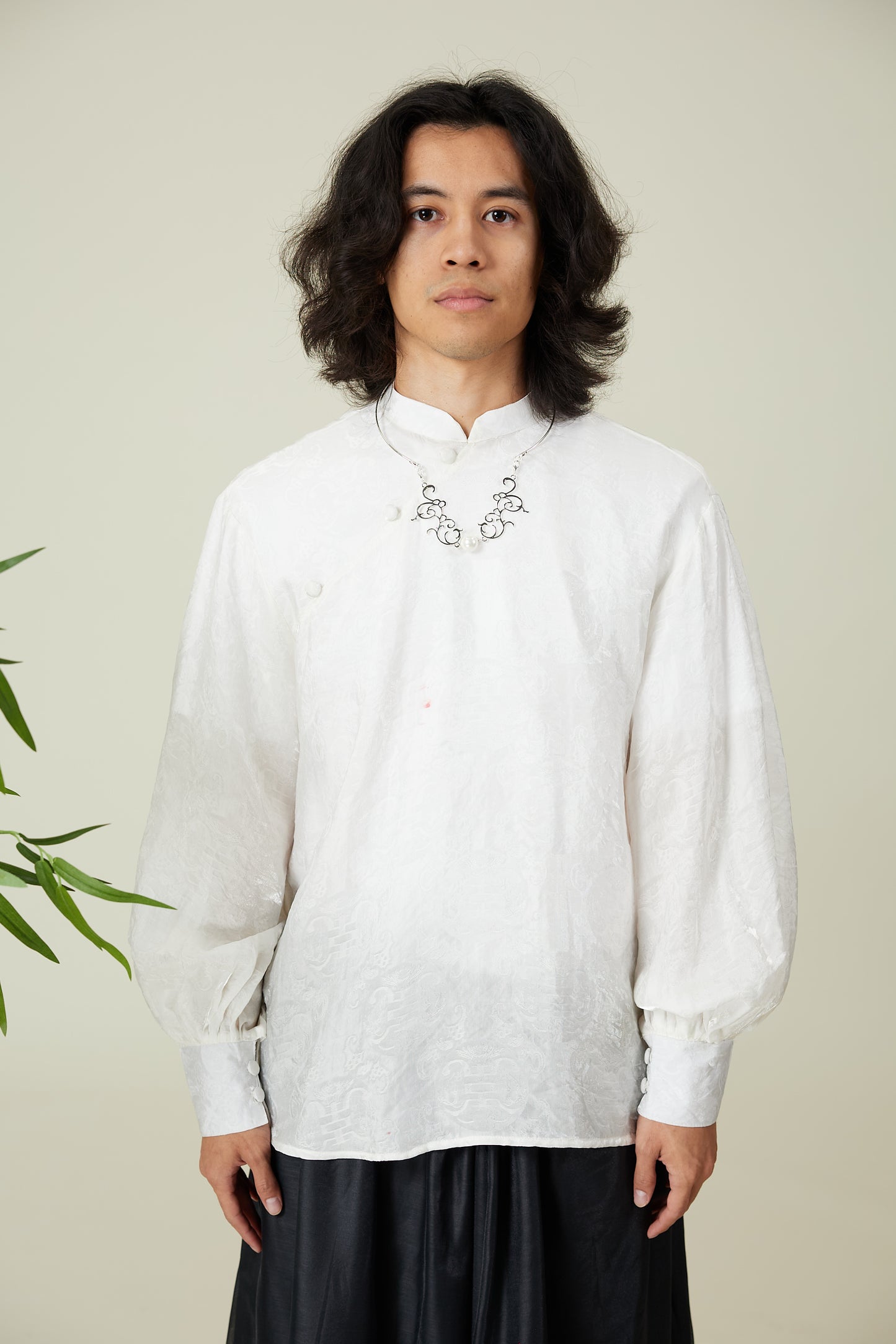 Vân - Gender Fluid White High Collar Barrel Sleeves Button Top, No Pants