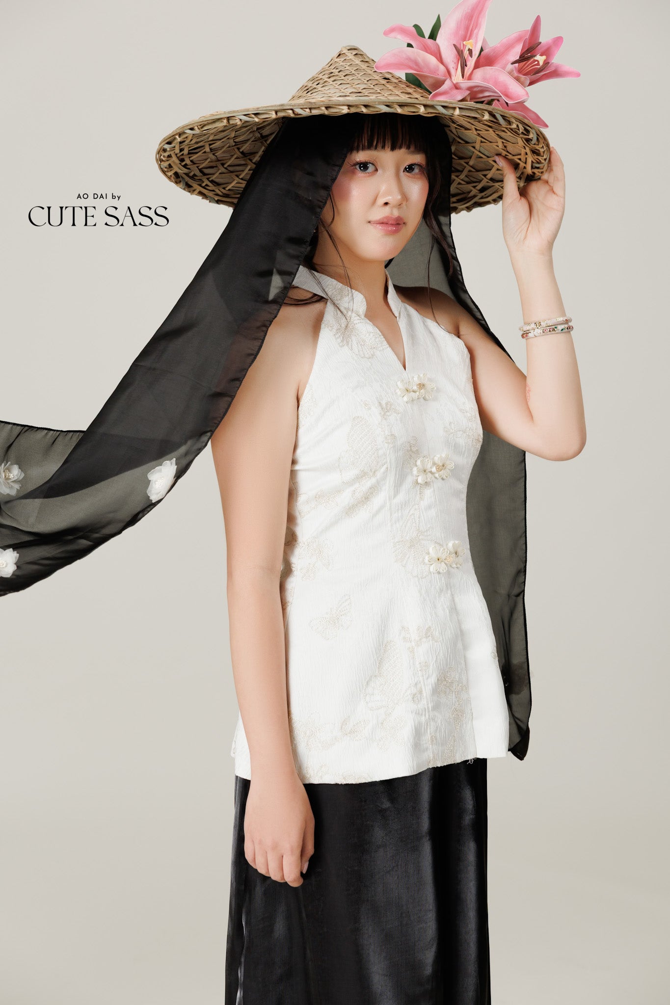 Vân - Lumen Cream and Gold Butterfly Embroidery Yem Inspired Top Only, No Pants
