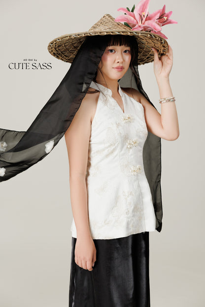 Vân - Lumen Cream and Gold Butterfly Embroidery Yem Inspired Top Only, No Pants 58A