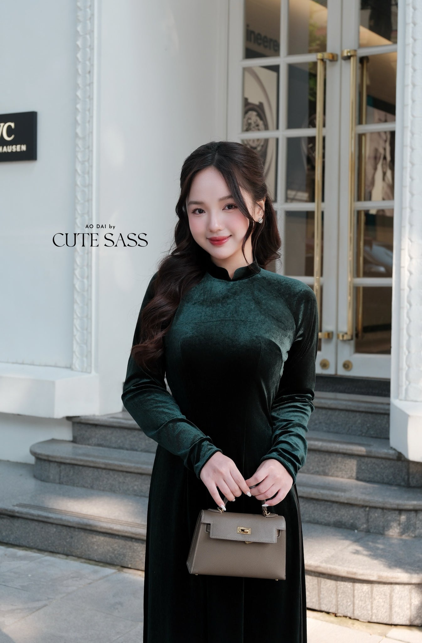 Dark Green Velvet Plain High Collar Ao Dai Top Only, NO PANTS
