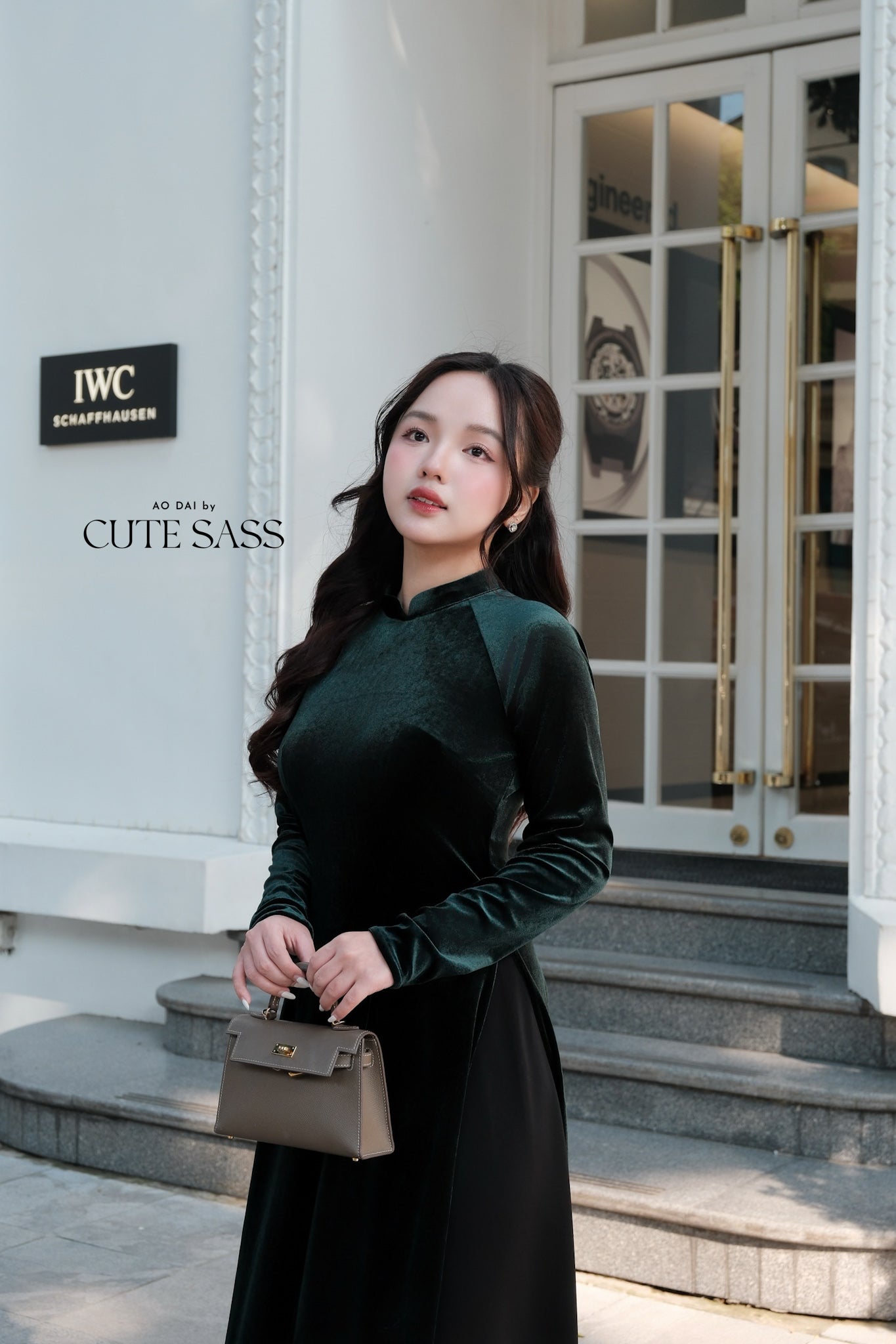 Dark Green Velvet Plain High Collar Ao Dai Top Only, NO PANTS