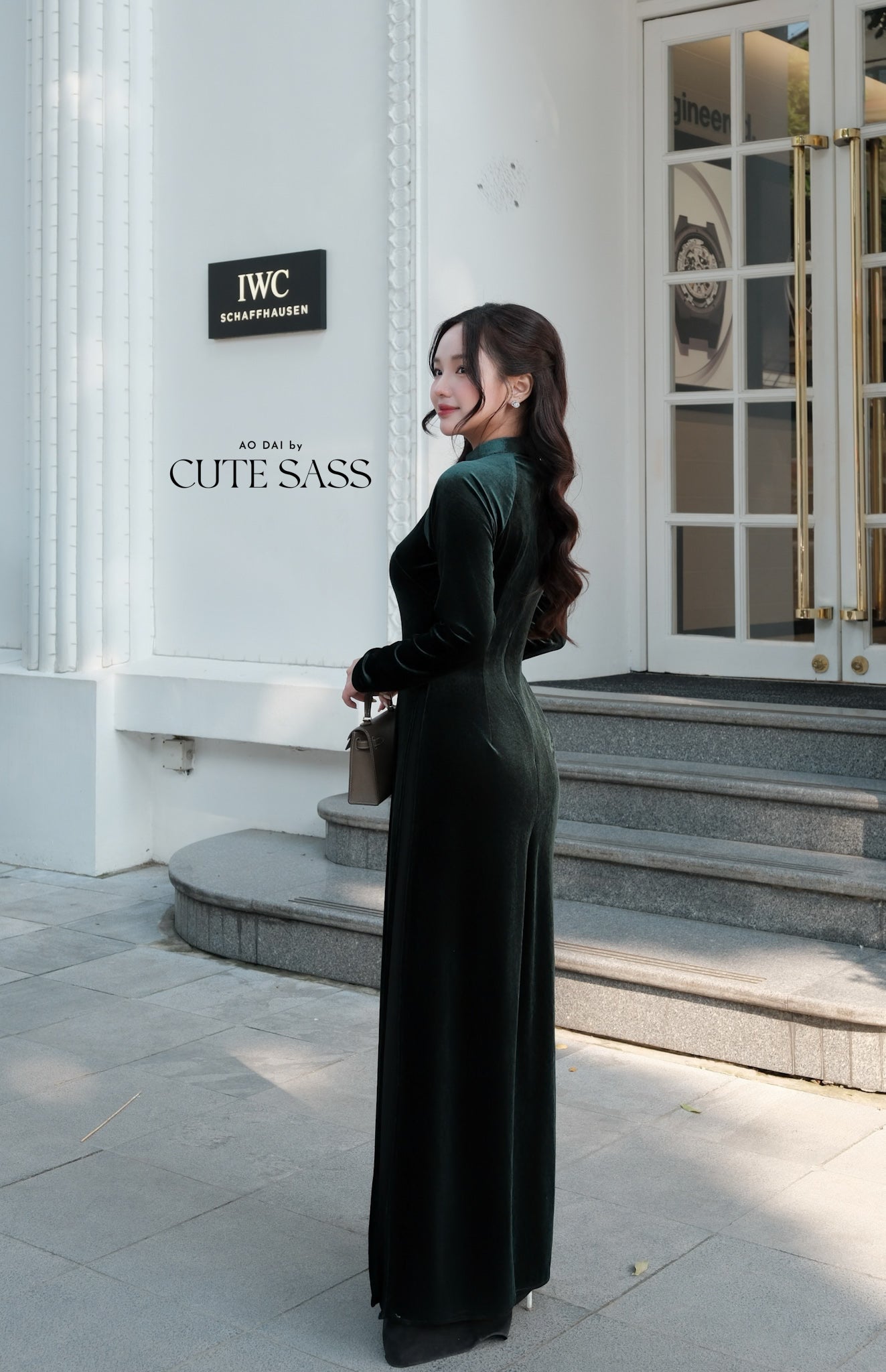 Dark Green Velvet Plain High Collar Ao Dai Top Only, NO PANTS