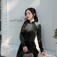Dark Green Velvet Plain High Collar Ao Dai Top Only, NO PANTS