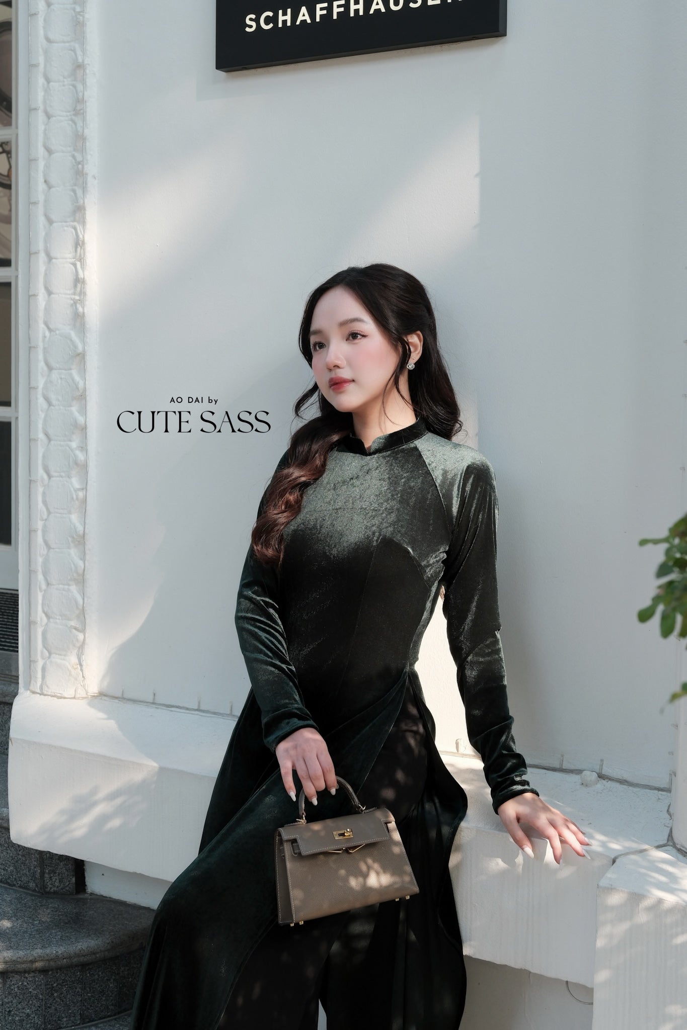 Dark Green Velvet Plain High Collar Ao Dai Top Only, NO PANTS