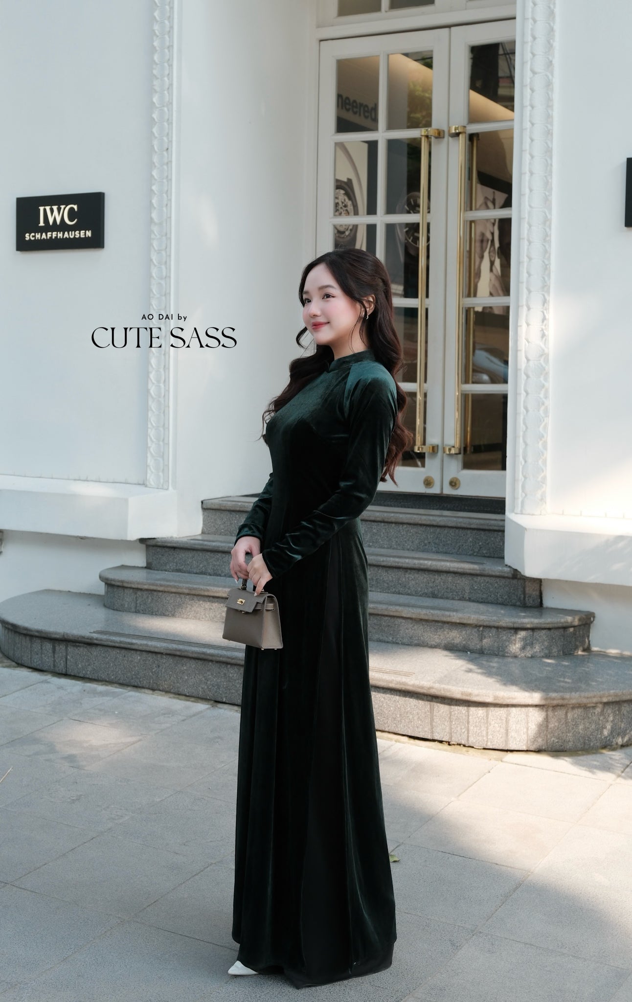 Dark Green Velvet Plain High Collar Ao Dai Top Only, NO PANTS