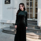 Dark Green Velvet Plain High Collar Ao Dai Top Only, NO PANTS