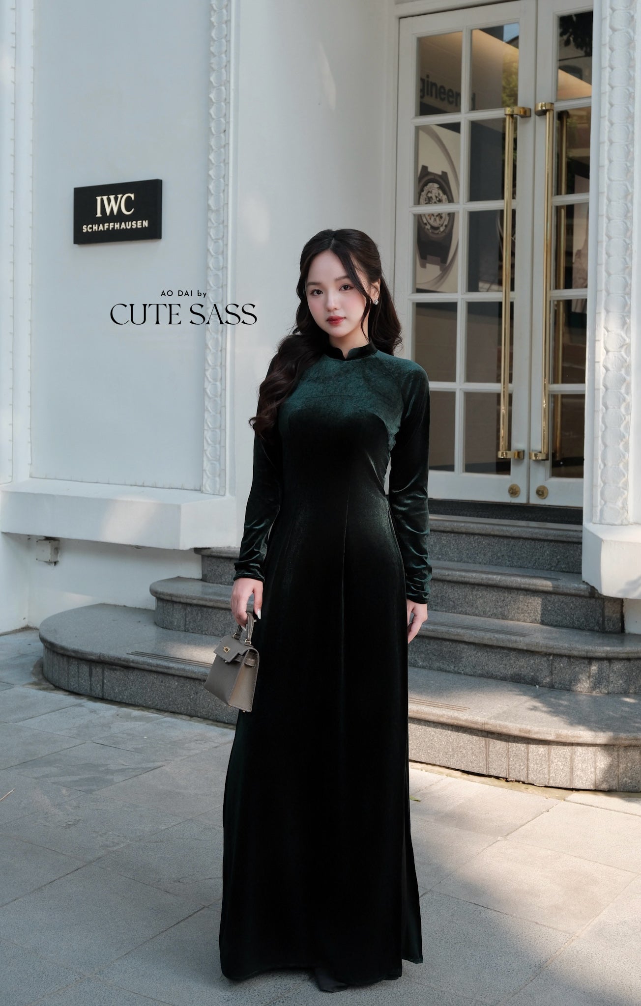 Dark Green Velvet Plain High Collar Ao Dai Top Only, NO PANTS