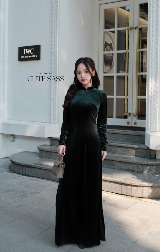 Dark Green Velvet Plain High Collar Ao Dai Top Only, NO PANTS