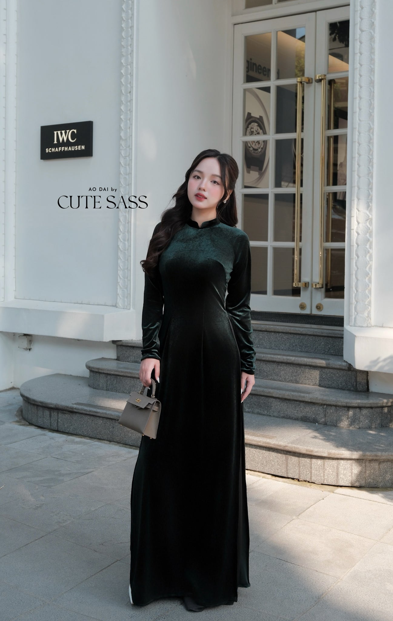 Dark Green Velvet Plain High Collar Ao Dai Top Only, NO PANTS