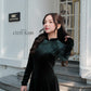 Dark Green Velvet Plain High Collar Ao Dai Top Only, NO PANTS