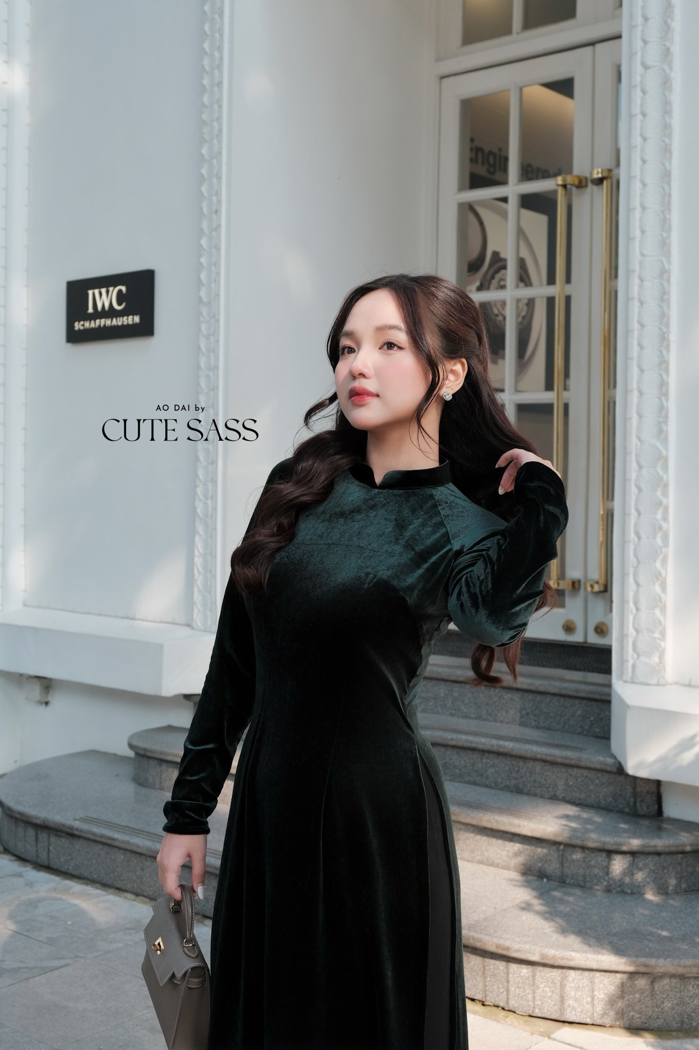 Dark Green Velvet Plain High Collar Ao Dai Top Only, NO PANTS